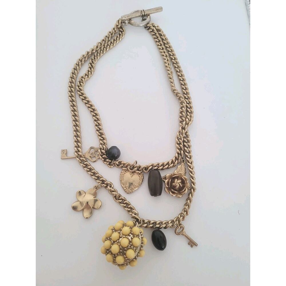 Ellen Tracy Gold Double Stain Chain Peddant Necklace Statement 15" Large Boho